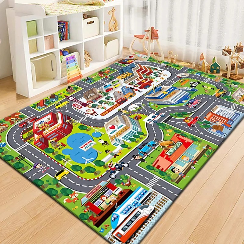Outdoor Adventure Toys - Kleurrijk kinderstadkaart speelkleed, verkeersavontuur speelmat voor